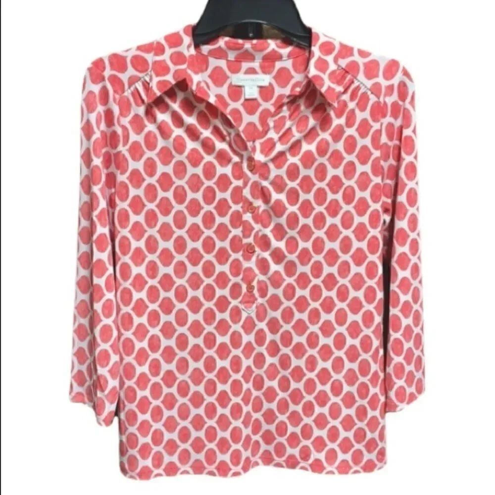 Charter Club Red Printed 3/4 Sleeve Blouse Size PM